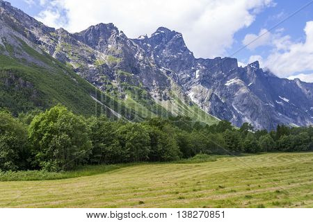 View of trollveggen, Europe highest vertical and overhanging rock face (1.000 metres), Norway.
