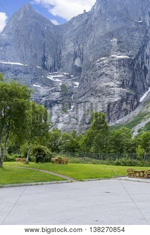 View of trollveggen, Europe highest vertical and overhanging rock face (1.000 metres), Norway.