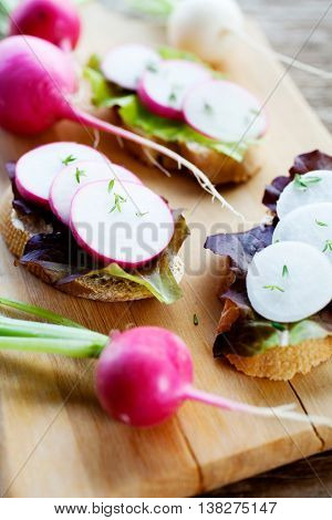Small appetizer bruchetta with radish