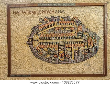 JERUSALEM ISRAEL - OCTOBER 24: The Holy City of Jerusalem - enlarged reproduction of Madaba Mosaic Map showing the cityscape of Jerusalem in Roman Cardo of Jerusalem Israel on October 24 2015