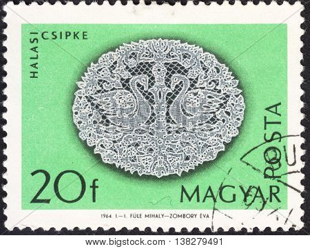 MOSCOW RUSSIA - JANUARY 2016: a post stamp printed in HUNGARY shows traditional hungarian lace the series 