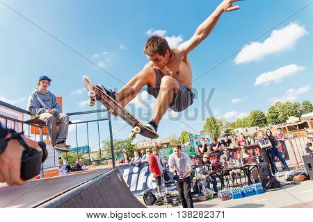 GRODNO BELARUS - JUN 18: Athletes compete at Skateboard Challenge 2016 in Grodno Belarus June 18 2016