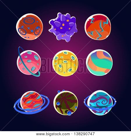 Comic Planets And Space Asteroids Set. Illustration of a set of various comic planets, moons, asteroid and alien earth globes