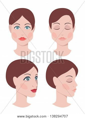 Vector illustration of pretty woman face, front and profile view, beauty concept