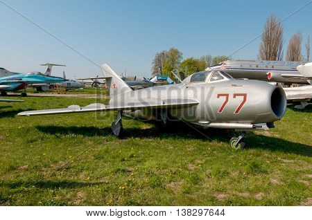 Kyiv Ukraine - April 26 2015: A MiG-17F Fresco high-subsonic fighter aircraft at April 26 2015 at the Museum of Aviation in Kiev Ukraine.