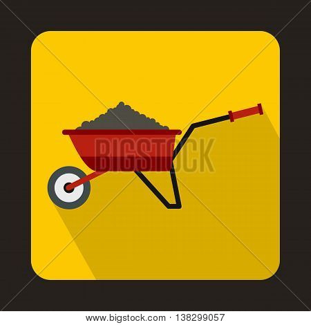 Red wheelbarrow loaded with soil icon in flat style on a yellow background