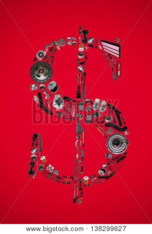 Dollar money sign with auto parts for car. Spare parts for car for shop, aftermarket OEM. Dollar icon. Many auto parts isolated in money dollar