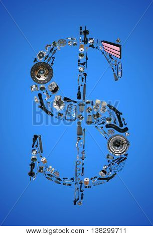 Dollar money sign with auto parts for car. Spare parts for car for shop, aftermarket OEM. Dollar icon. Many auto parts isolated in money dollar