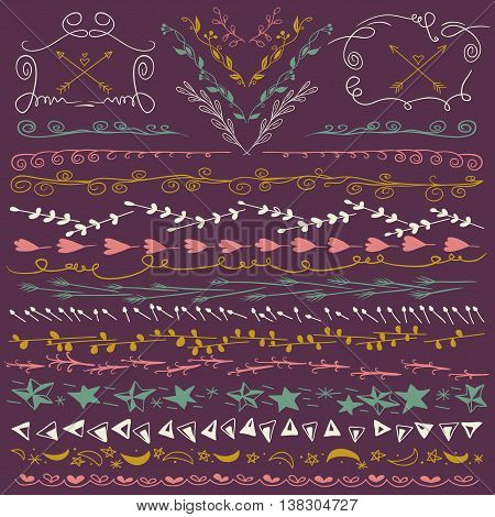 Hand drawn lines border, frame, branch, arrows and other design elements. Violet. backdrop. Illustration vector. Can be use as decoration.