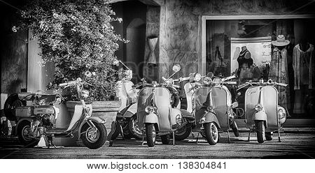 Porto Cervo, Italy - June 29, 2016: Piaggio Vespa vintage sprint motor scooter motorbike motorcycle