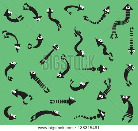 Vector illustration of icons. Curved arrows with funny eyes. Isolated objects.