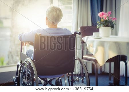 Rear view of senior woman senior woman sitting on wheelchair at home