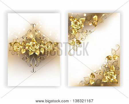 Design of glittering jewelry gold roses on a white background. Golden Rose.