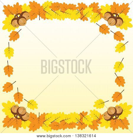 Background with a border of oak branches with leaves and acorns, brown contours on yellow