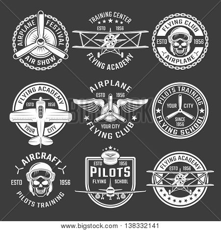 White color airplane emblem set with description of air show flying school pilots training vector illustration