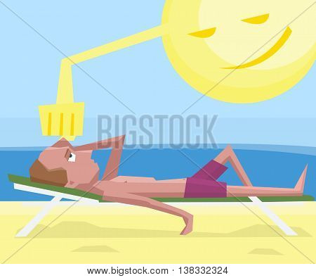 man getting sunstroke at beach - funny colorful vector cartoon illustration