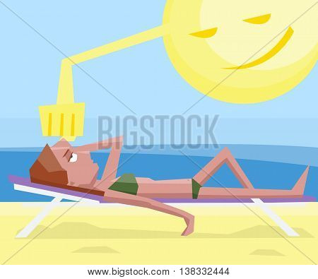 woman getting sunstroke at beach - funny colorful vector cartoon illustration
