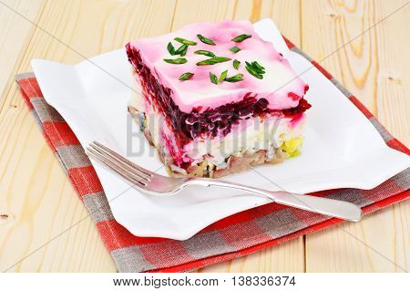Russian Shuba Salad with Beetroot, Potatoes, Carrots and Herring Studio Photo