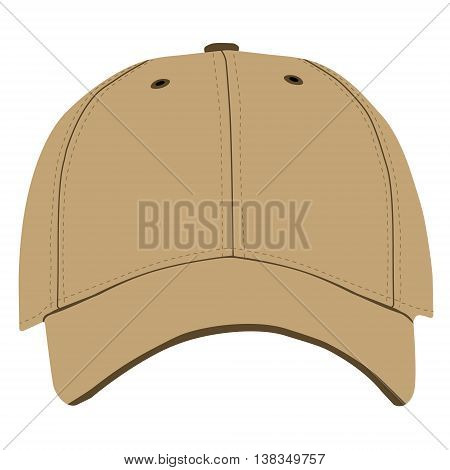 Vector illustration of brown baseball cap front view isolated on white background. Baseball cap template design