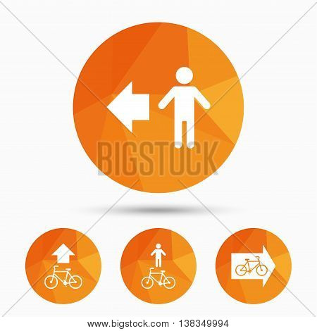 Pedestrian road icon. Bicycle path trail sign. Cycle path. Arrow symbol. Triangular low poly buttons with shadow. Vector