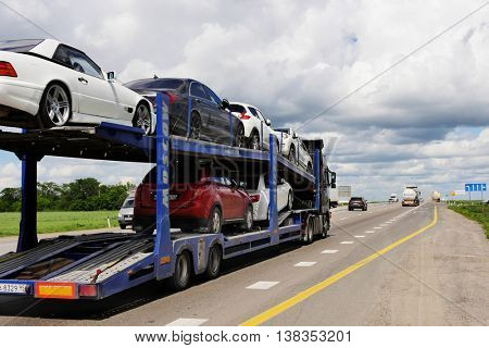 ROSTOV / DON. RUSSIA. M4-DON. June 16, 2016. The trailer transports cars on the highway M4 Don. June 16. Russia