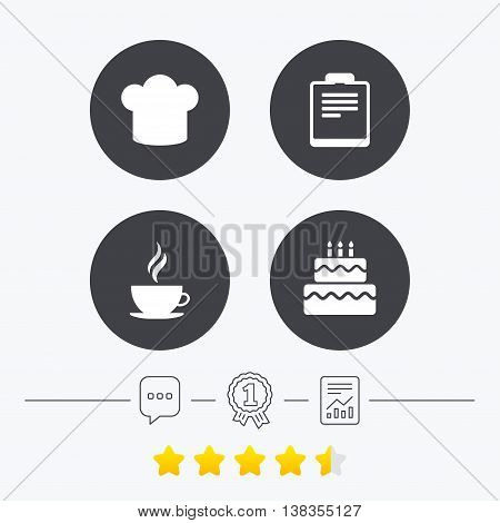 Coffee cup icon. Chef hat symbol. Birthday cake signs. Document file. Chat, award medal and report linear icons. Star vote ranking. Vector