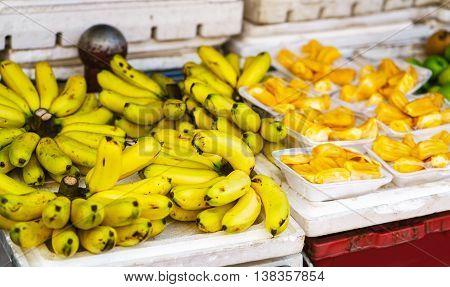 Asian Street Farmer Market Selling Bananas And Durian In Vietnam