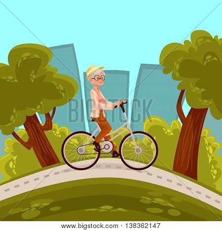 Beautiful senior woman in straw hat riding bicycle in the park, cartoon style vector illustration. Grandmother riding a bike, happy elder woman goes in for outdoor sport, healthy lifestyle in the city