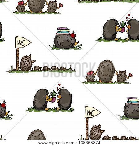 Hand drawing. Illustration life hedgehogs. Seamless pattern.