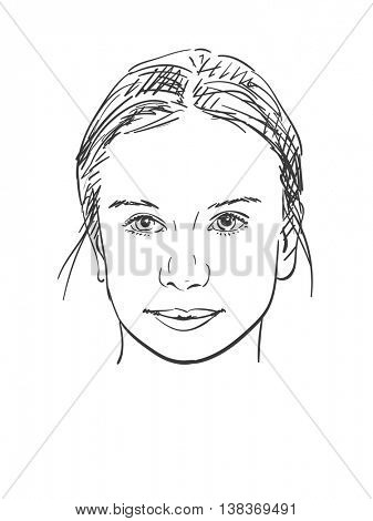 Face of beautiful young girl, Vector sketch, Hand drawn illustration