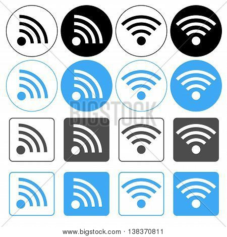 Set of wifi icons in circle and in square. Blue, black, grey and white. Vector.
