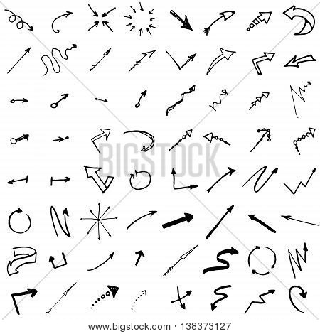 Pointers, arrows and other signs set. Vector image in black and white. Doodle ink, hand drawn.