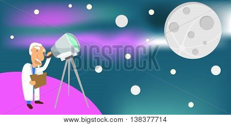 astronomer looking through a telescope at the full moon. astronomy concept vector illustration.