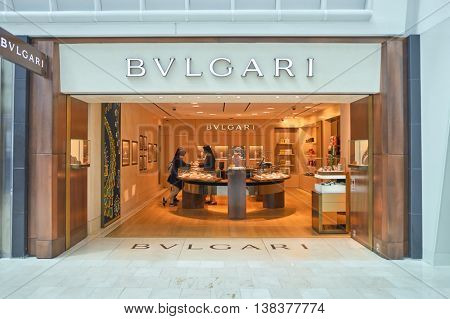 NEW YORK - APRIL 06, 2016: Bulgari store in JFK Airport. Bulgari is an Italian jewelry and luxury goods brand.