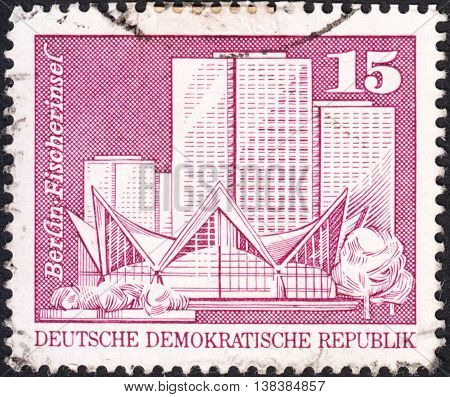 MOSCOW RUSSIA - JANUARY 2016: a post stamp printed in DDR shows Fisherman's Island view the series "Berlin Buildings" circa 1973
