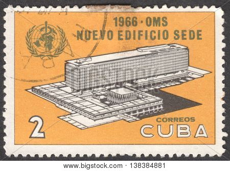 MOSCOW RUSSIA - CIRCA JANUARY 2016: a post stamp printed in CUBA shows the building of the W.H.O. Headquarters the series 