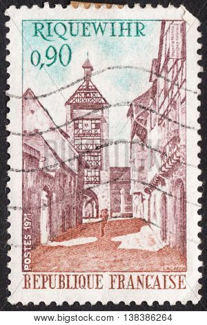 MOSCOW RUSSIA - CIRCA JANUARY 2016: a post stamp printed in FRANCE shows a view of Dolder Tower Riquewihr the series 