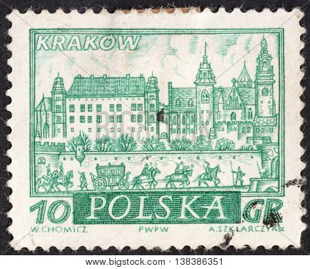 MOSCOW RUSSIA - CIRCA JANUARY 2016: a post stamp printed in POLAND shows a view of Cracow town the series "Historic Polish Towns" circa 1960