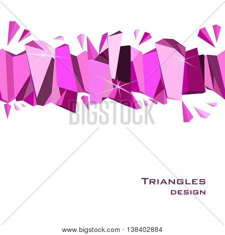 Horizontal seamless border with ruby diamond or purple crystal triangles. Pink abstract geometric frame on white background. Design for girl party banner. Vector illustration - stock vector.