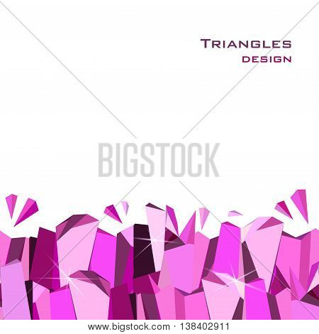 Horizontal seamless bottom border with ruby diamond or purple crystal triangles. Pink abstract geometric frame on white background. Design for girl party banner. Vector illustration - stock vector.