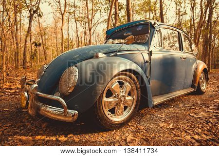 Vintage Car Volkswagen Retro Blue Color In Forest Leaves Brown