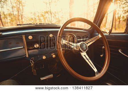 Vintage Car Volkswagen Retro Blue Color In Forest Leaves Brown
