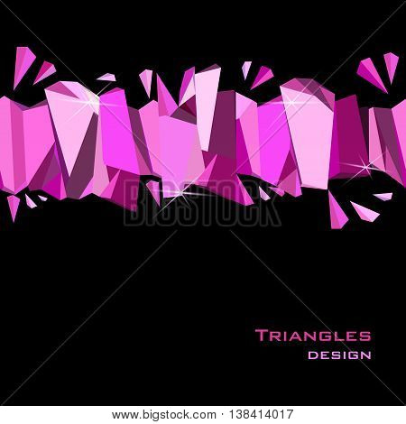 Glamour banner for girl party design. Pink abstract geometric triangles stripe on black background. Horizontal ruby diamond crystal border vector illustration - stock vector.