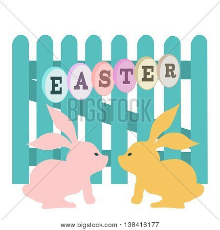 Funny easter bunny. Vector image with fence and rabbits.