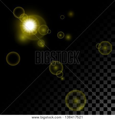 The realistic yellow gold sun or searchlight and patches of light on a pro-place transparent black background.