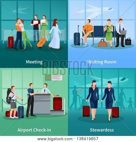 Airport flat 2x2 design concept set of passengers with baggage meeting and waiting people and stewardesses vector illustration