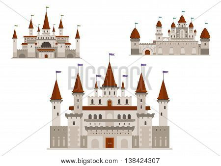 Medieval palaces or royal castles, ancient fort or residential mansion with towers and spires with flags, antique gate. Buildings in cartoon style for history or childish, fairytale books design