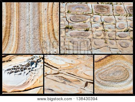 Photo Collage of various Australian rock formation background sandstone texture with iron traces in australia devonian stones