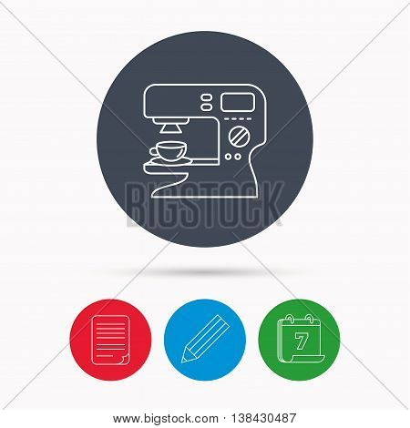 Coffee maker icon. Hot drink machine sign. Calendar, pencil or edit and document file signs. Vector