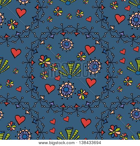 Hand drawn seamless pattern with floral elements. Colorful ethnic background. Pattern can be used for fabric, wallpaper or wrapping. Stock vector illustration.